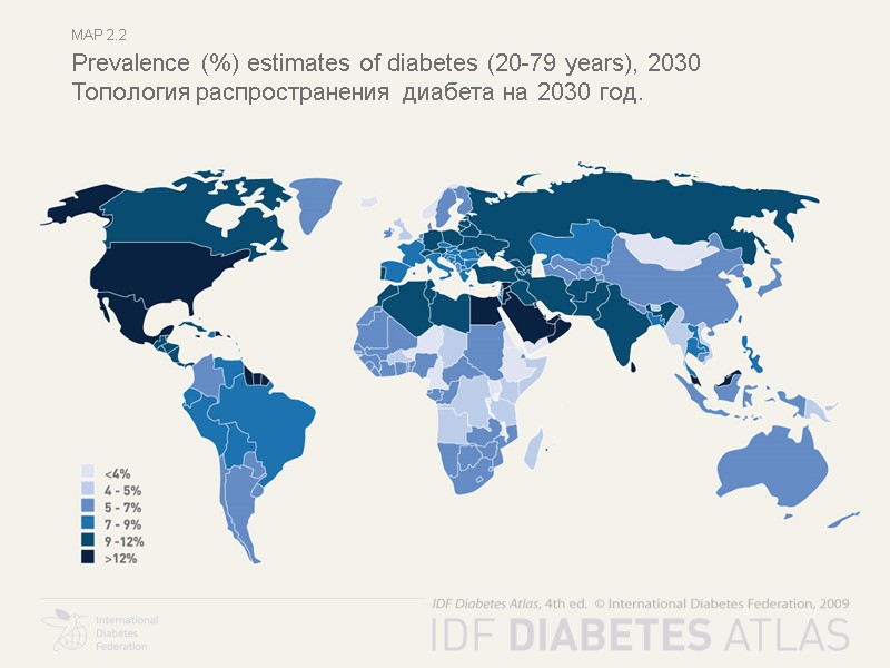 map 2.2 Prevalence (%) estimates of diabetes (20-79 years), 2030 Топология распространения диабета на